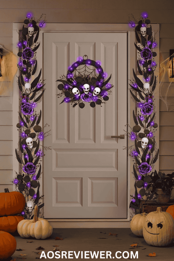 A Freaky Light-up Skeleton Wreath with Purple Glittery Flower